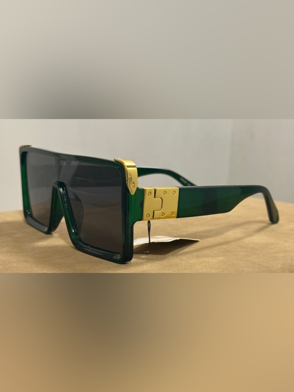 Green Square Shield Sunglasses with Gold Accent